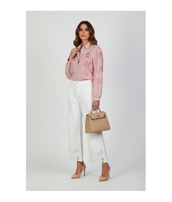 Chemisier femme rose en coton à rayures et fleurs brodées