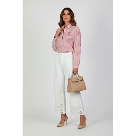 Chemisier femme rose en coton à rayures et fleurs brodées