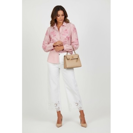 Chemisier femme rose en coton à rayures et fleurs brodées