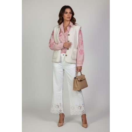 Chemisier femme rose en coton à rayures et fleurs brodées