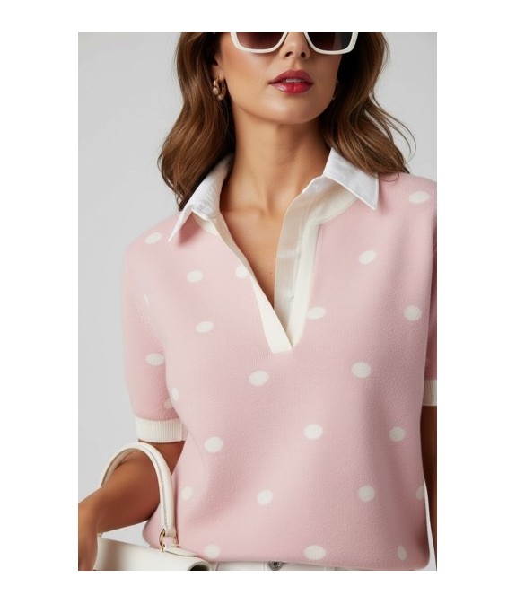 Pull rose à pois blancs col chemise
