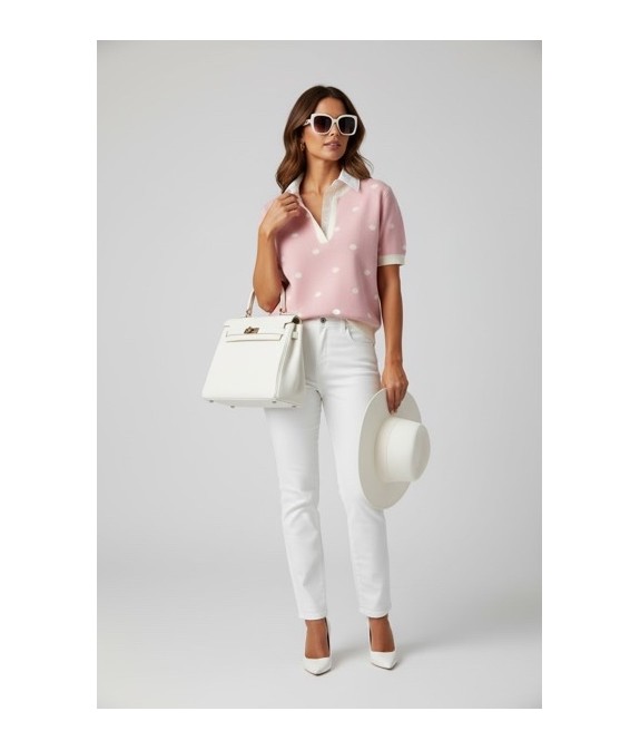 Pull rose à pois blancs col chemise