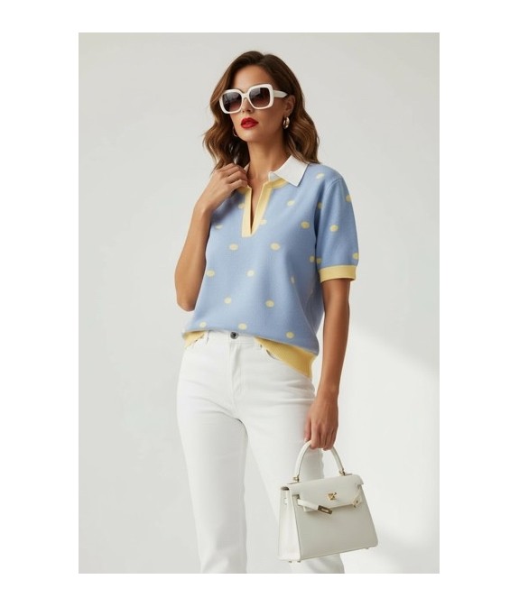 Pull bleu à pois femme – Maille légère col polo manches courtes