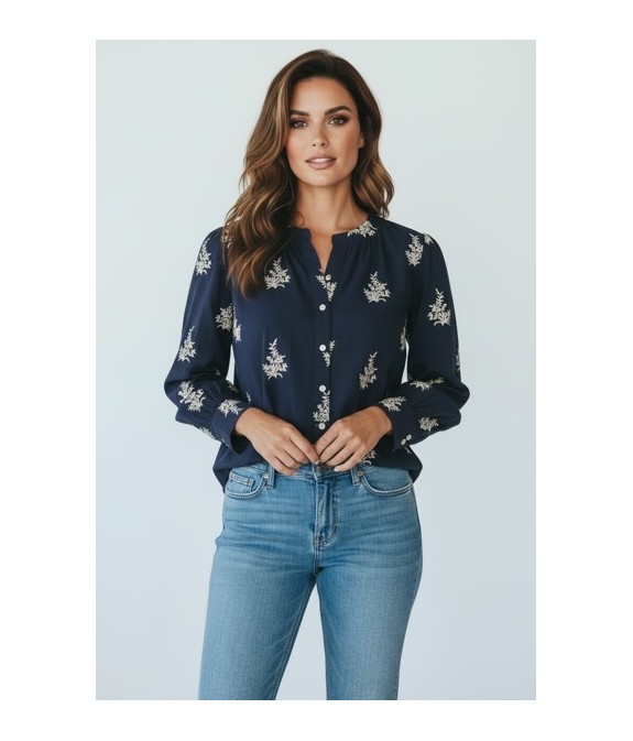 Blouse manche longue  bleu marine brodée
