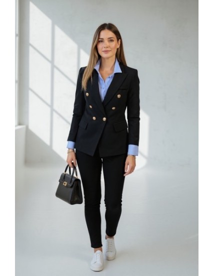 veste tailleur femme noire, veste de costume femme élégante, blazer double boutonnage doré, tenue professionnelle femme, veste c