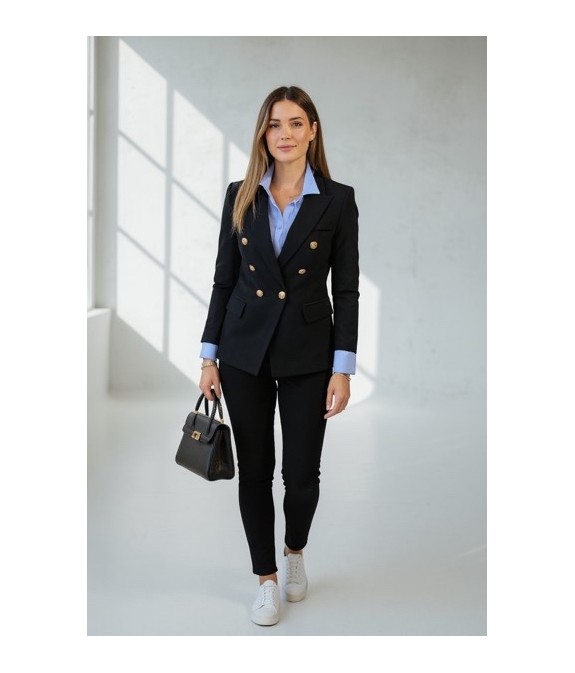 veste tailleur femme noire, veste de costume femme élégante, blazer double boutonnage doré, tenue professionnelle femme, veste c