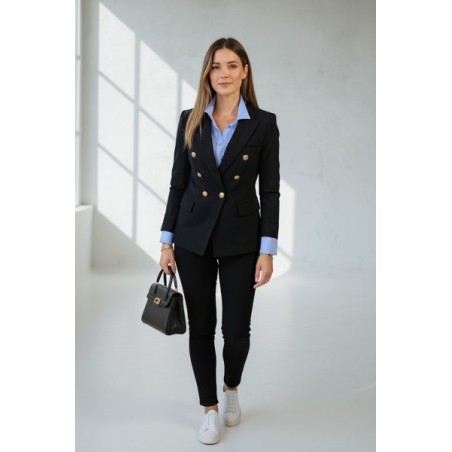 veste tailleur femme noire, veste de costume femme élégante, blazer double boutonnage doré, tenue professionnelle femme, veste c