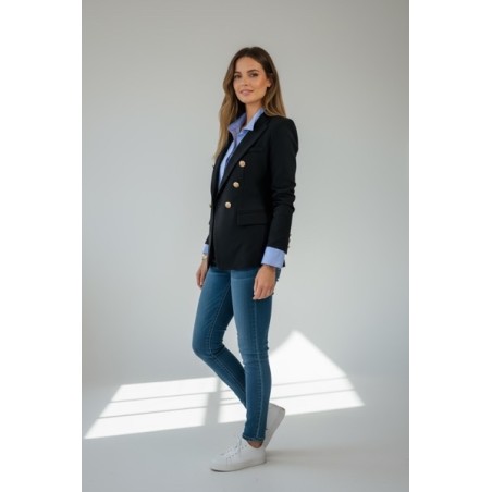 veste tailleur femme noire, veste de costume femme élégante, blazer double boutonnage doré, tenue professionnelle femme, veste c