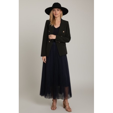 veste tailleur femme noire, veste de costume femme élégante, blazer double boutonnage doré, tenue professionnelle femme, veste c