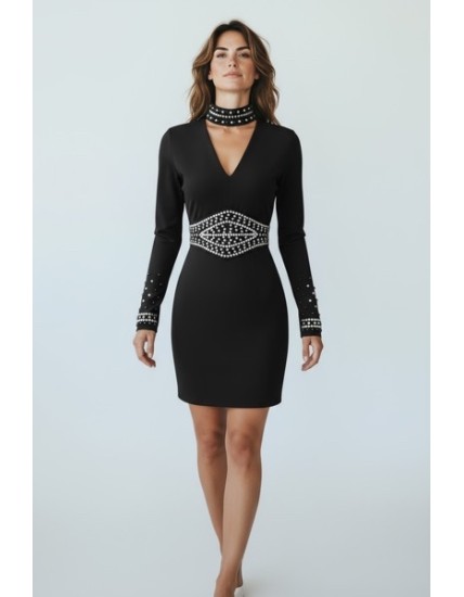 robe noire élégante, robe soirée femme, robe chic à strass, robe cocktail noire, robe moulante décolleté V, robe soirée glamour,