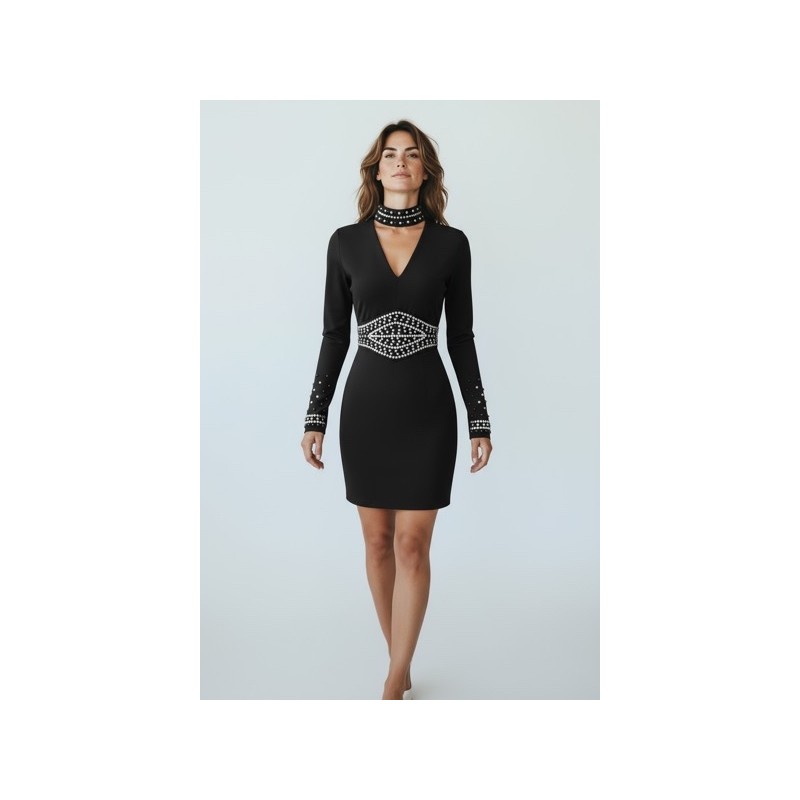 Robe noire élégante à strass et décolleté en V
