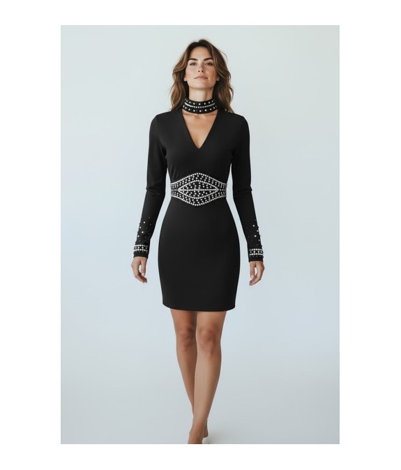 robe noire élégante, robe soirée femme, robe chic à strass, robe cocktail noire, robe moulante décolleté V, robe soirée glamour,