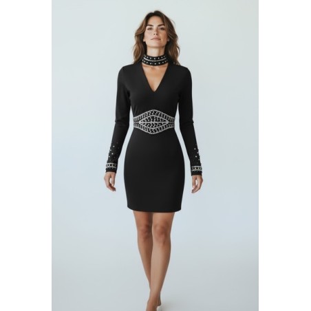 robe noire élégante, robe soirée femme, robe chic à strass, robe cocktail noire, robe moulante décolleté V, robe soirée glamour,