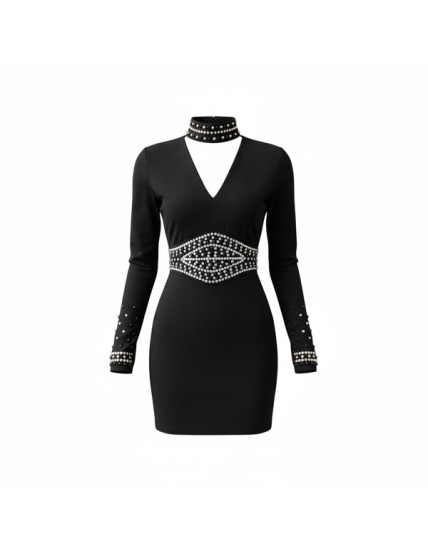 Robe noire élégante à strass et décolleté en V