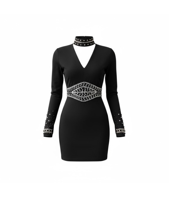 Robe noire élégante à strass et décolleté en V