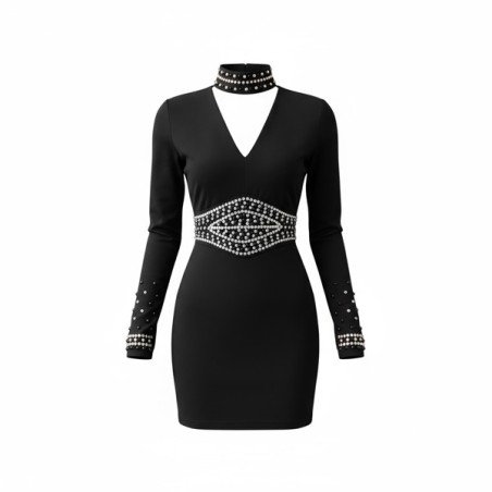 robe noire élégante, robe soirée femme, robe chic à strass, robe cocktail noire, robe moulante décolleté V, robe soirée glamour,
