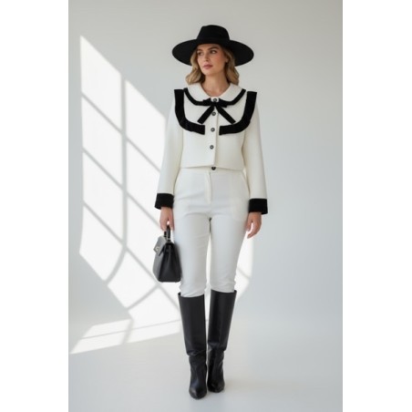 veste blanche femme, veste chic noir et blanc, veste à col contrasté, veste élégante femme, veste style parisien