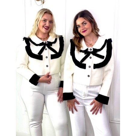 veste blanche femme, veste chic noir et blanc, veste à col contrasté, veste élégante femme, veste style parisien