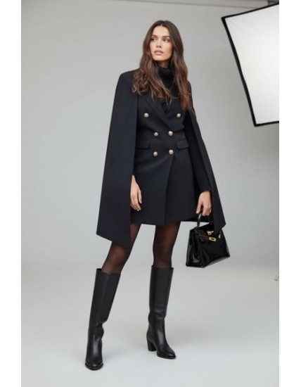 veste cape femme, manteau cape noir, veste élégante femme, cape habillée, veste tailleur femme, manteau double boutonnage, mode