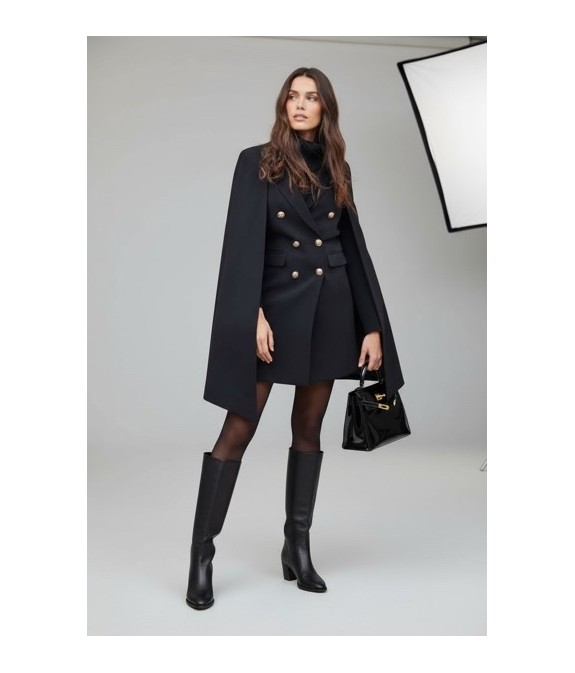 veste cape femme, manteau cape noir, veste élégante femme, cape habillée, veste tailleur femme, manteau double boutonnage, mode
