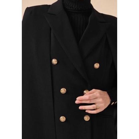 veste cape femme, manteau cape noir, veste élégante femme, cape habillée, veste tailleur femme, manteau double boutonnage, mode