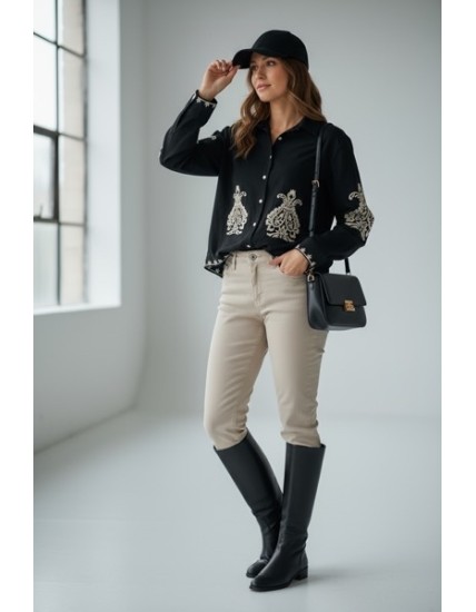 blouse femme coton, blouse noire brodée, blouse bohème chic, blouse élégante femme, haut coton brodé, blouse manches longues fem