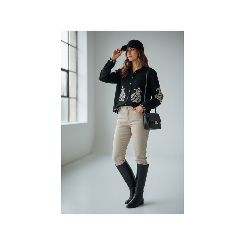 Blouse noire en coton brodé femme