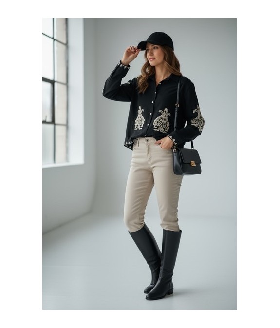 blouse femme coton, blouse noire brodée, blouse bohème chic, blouse élégante femme, haut coton brodé, blouse manches longues fem