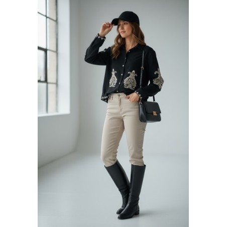 blouse femme coton, blouse noire brodée, blouse bohème chic, blouse élégante femme, haut coton brodé, blouse manches longues fem