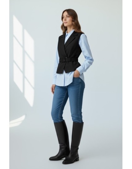 veste sans manches femme noire, veste ceinturée chic, gilet femme élégant, veste tailleur sans manches, mode femme moderne, tenu