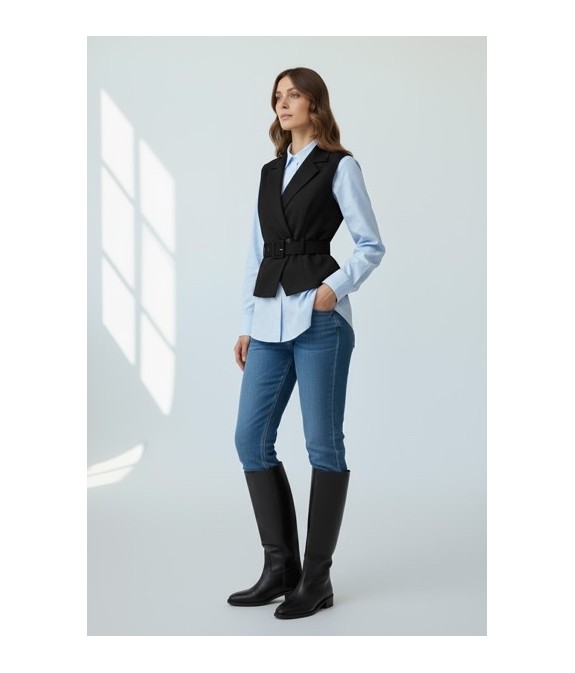 veste sans manches femme noire, veste ceinturée chic, gilet femme élégant, veste tailleur sans manches, mode femme moderne, tenu