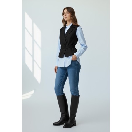 veste sans manches femme noire, veste ceinturée chic, gilet femme élégant, veste tailleur sans manches, mode femme moderne, tenu