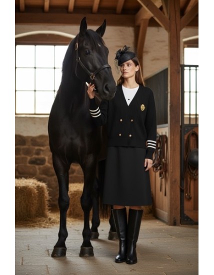 Gilet noir style universitaire chic – Maille fine avec écusson doré