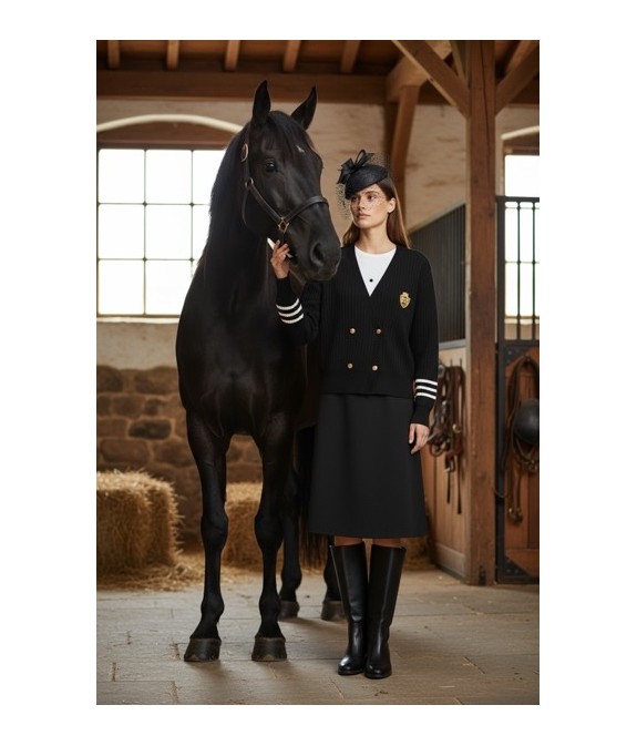 Gilet noir style universitaire chic – Maille fine avec écusson doré