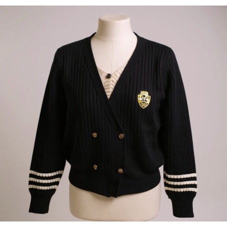 Gilet noir style universitaire chic – Maille fine avec écusson doré
