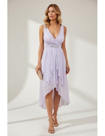 robe lilas femme, robe asymétrique, robe de soirée élégante, robe de cocktail chic, robe mariage invitée, robe décolleté V.