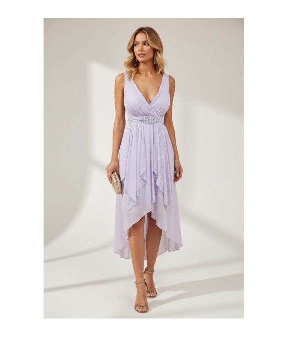 robe lilas femme, robe asymétrique, robe de soirée élégante, robe de cocktail chic, robe mariage invitée, robe décolleté V.