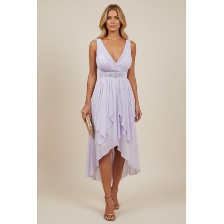 robe lilas femme, robe asymétrique, robe de soirée élégante, robe de cocktail chic, robe mariage invitée, robe décolleté V.