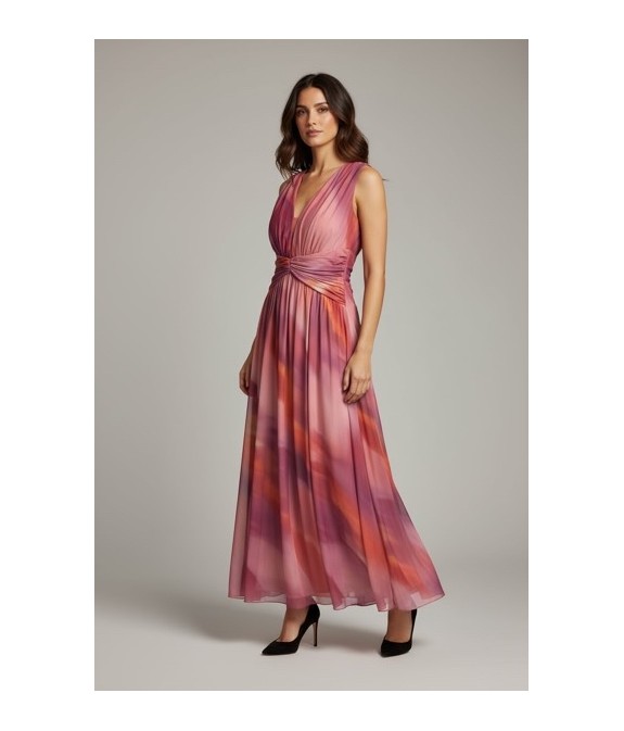Robe longue plissée rose fuchsia