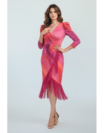 Robe midi satinée fuchsia et rose à effet drapé