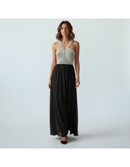 Robe longue noire et blanche à bretelles croisées – Élégance chic pour soirée ou cocktail