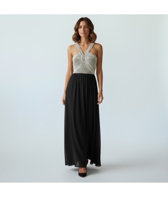Robe longue noire et blanche à bretelles croisées – Élégance chic pour soirée ou cocktail