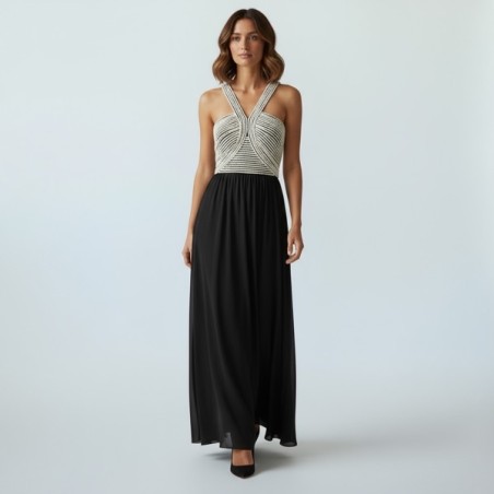 Robe longue noire et blanche à bretelles croisées – Élégance chic pour soirée ou cocktail