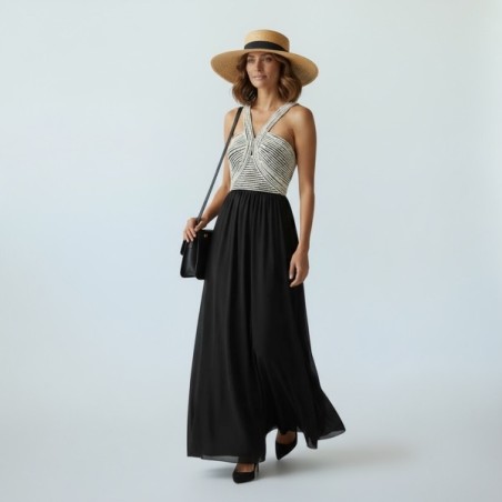 Robe longue noire et blanche à bretelles croisées – Élégance chic pour soirée ou cocktail