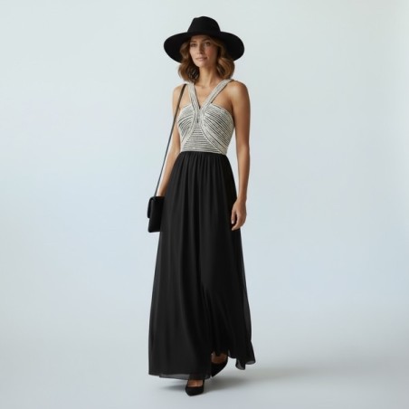 Robe longue noire et blanche à bretelles croisées – Élégance chic pour soirée ou cocktail