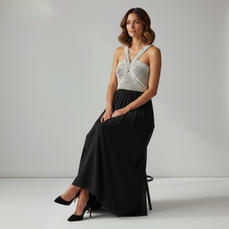 Robe longue noire et blanche à bretelles croisées – Élégance chic pour soirée ou cocktail