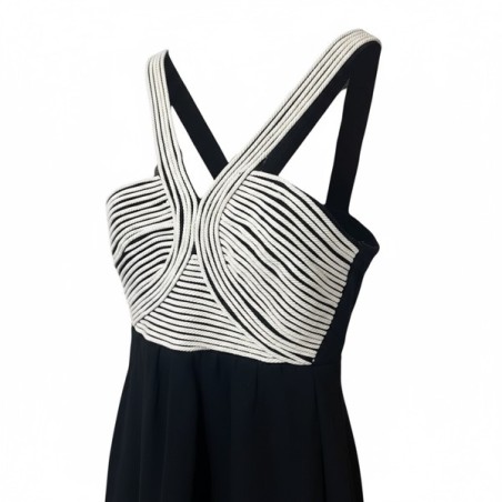 Robe longue noire et blanche à bretelles croisées – Élégance chic pour soirée ou cocktail