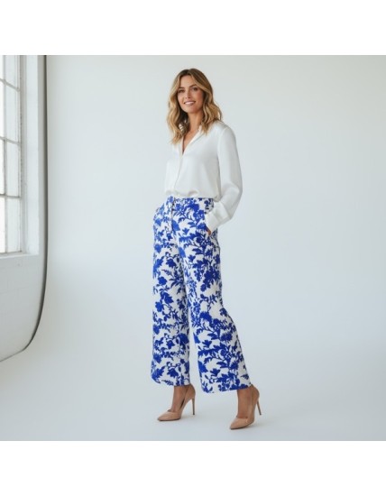 Pantalon imprimé bleu et blanc à taille élastique