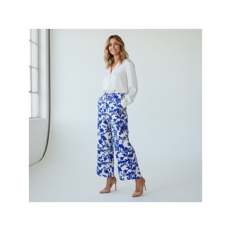 Pantalon imprimé bleu et blanc à taille élastique