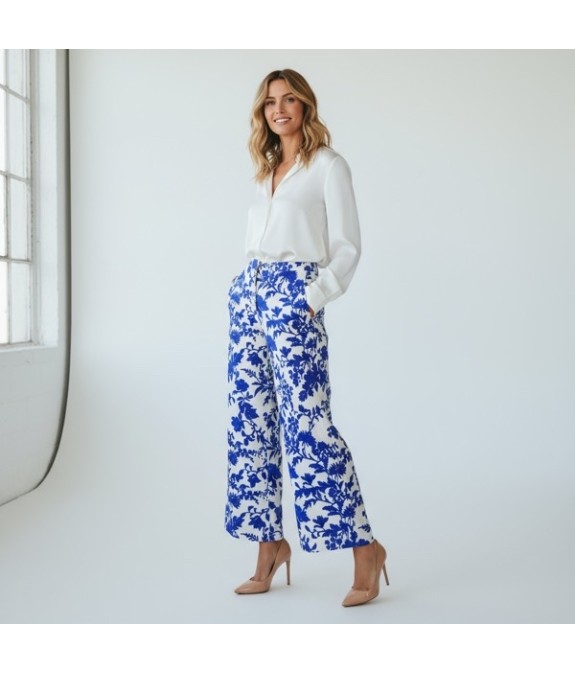 Pantalon imprimé bleu et blanc à taille élastique